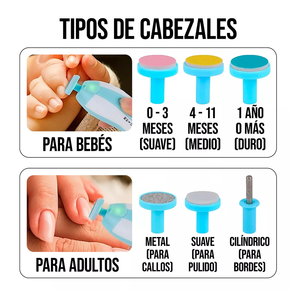 LimiBaby – Lima Eléctrica para Bebés y Adultos | Incluye 6 Cabezales Suaves y Seguros
